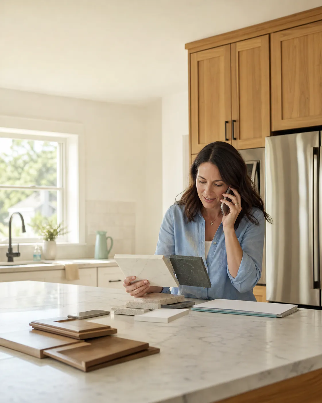 Homeowner reviewing countertop options for a kitchen project