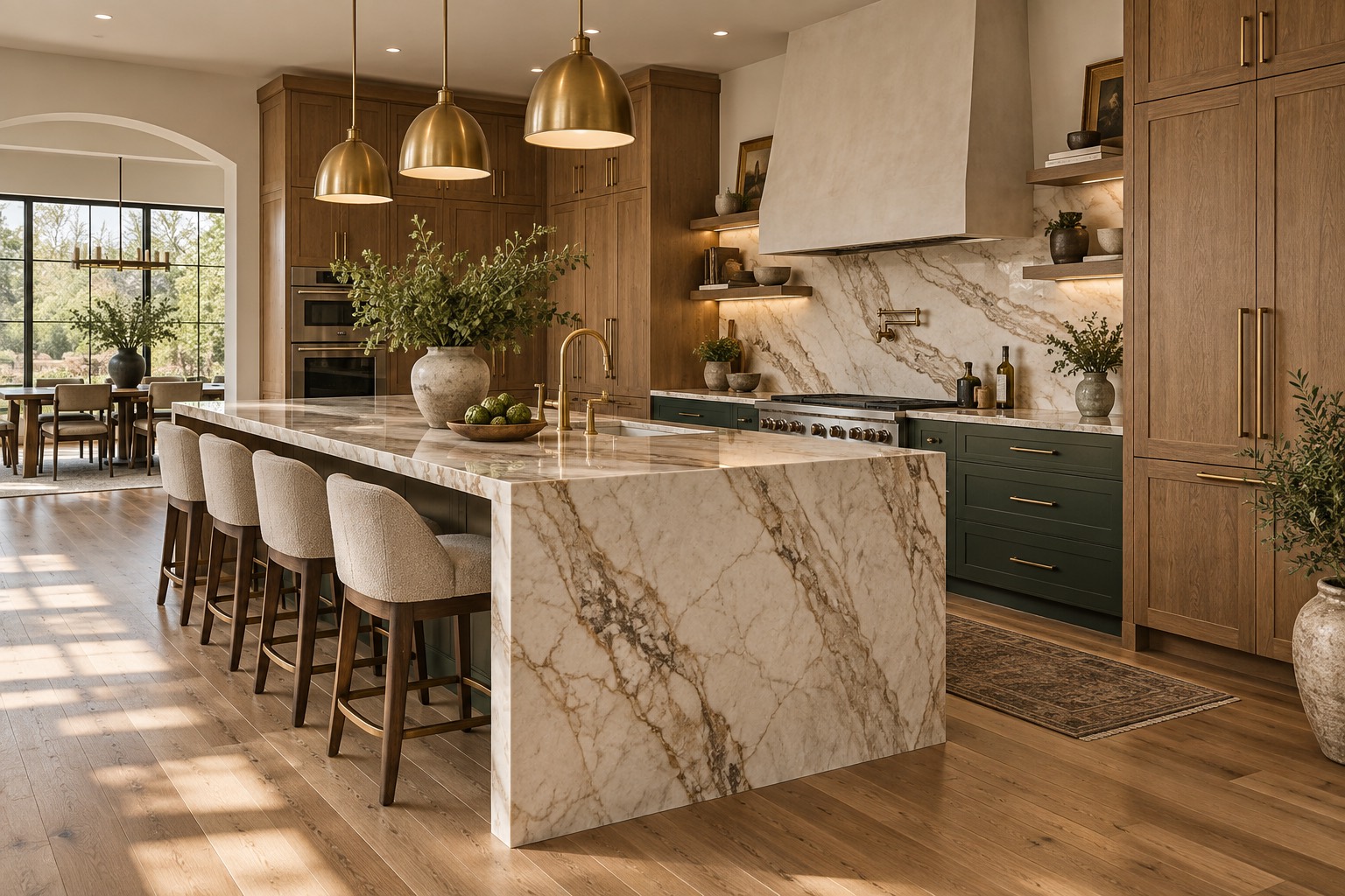 Expressive designer stone in a forest green and oak kitchen