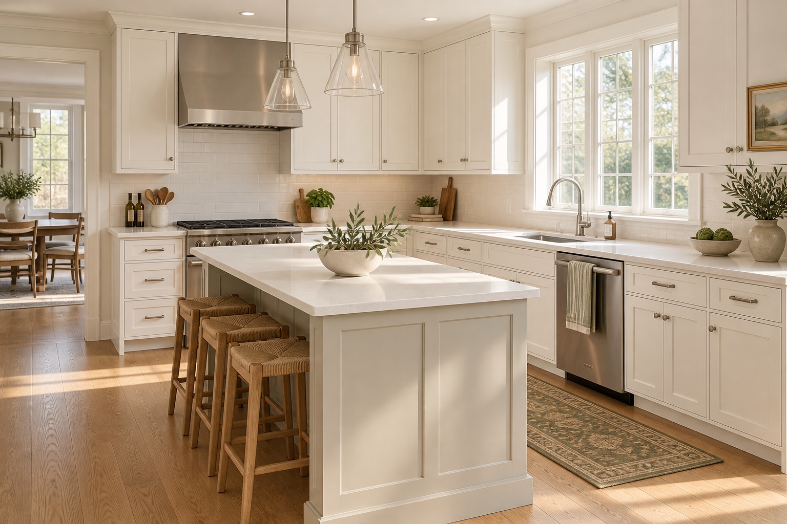 Fresh white quartz countertops in a bright finished kitchen